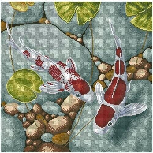 11/14/16/18/22/25/28ct Beautiful Lovely Counted Cross Stitch Kit Two Fishes Carp Fish Goldfish Goldfishes and Lotus