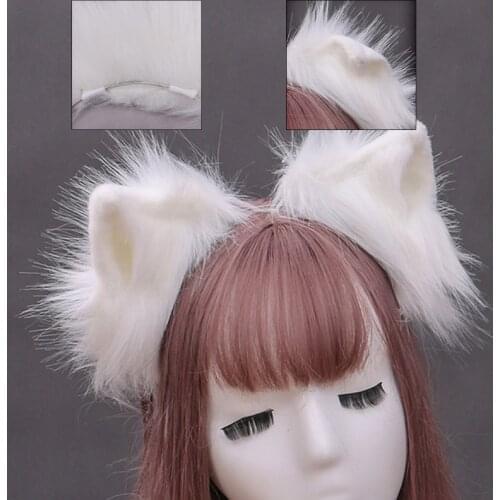 Handmade Simulation Faux Fur Wolf Ears Headband Realistic Solid Color Fluffy Plush Animal Hair Hoop Cosplay Costume