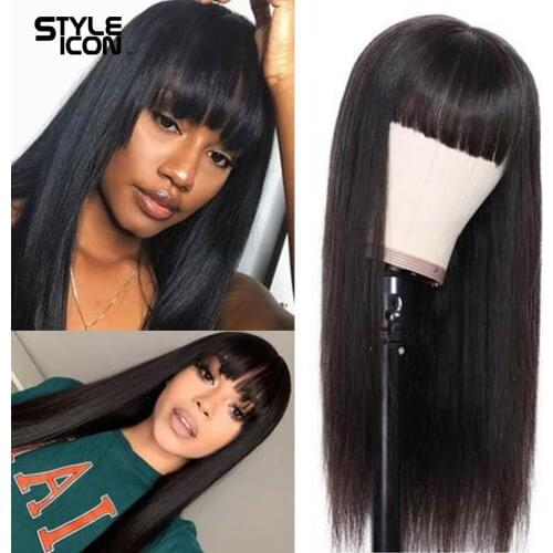 Styleicon Remy Straight Human Hair Wigs With Bangs Full Machine Made 30 Inch Wigs Natural Burg Orange Wig