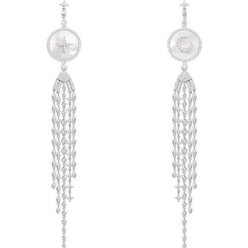 SLJELY Luxury Brand 925 Sterling Silver Cubic Zirconia Stones Moon Star Tassel Drop Earrings with Mother of Shell Palace Jewelry