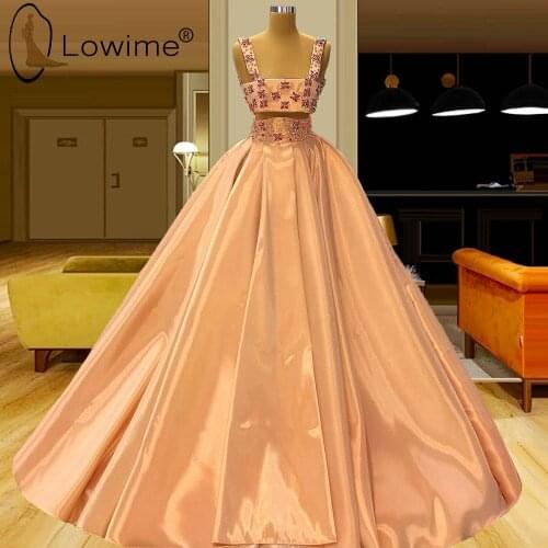 Sexy Coral Two Pieces Evening Dresses Crystals Square Neck Robes Vestidos De fiesta Dresses for Wedding Party Gowns 2021
