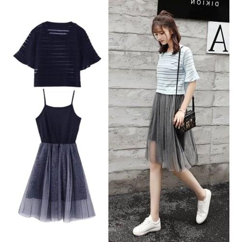 Mesh Sling Dress Two Piece Suit Trend Hot Women Suit Junior High School Student Suit Skirt Summer Dress Large Size Slim Girl