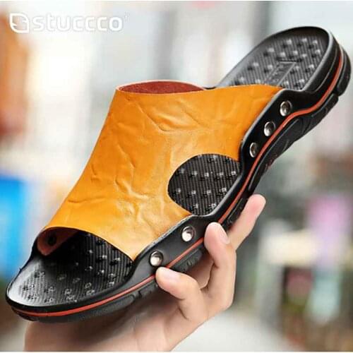 Mens Slippers Outdoor Summer Genuine Leather Slides for Men Couple Non-slip Women Home Fashion Casual Single Shoes Large Size