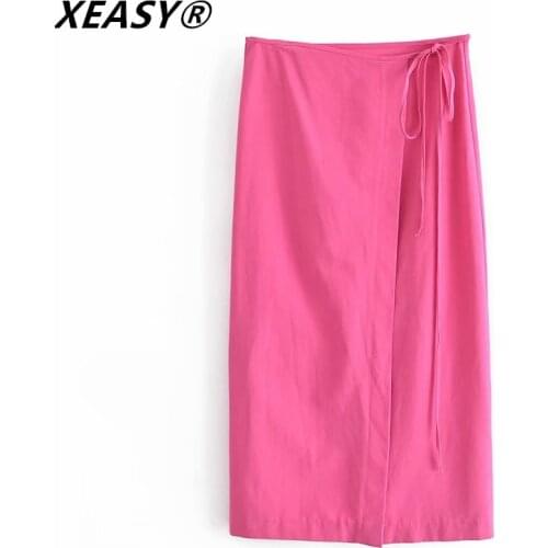 XEASY Za Woman Skirts 2021 Rose Red Wrap Long Skirt Women Summer High Waist Midi Skirt Fashion Tied Streetwear Slit Skirt
