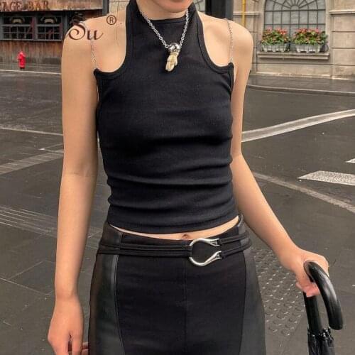 ArtSu Cut Out Sexy White Tank Top Gothic Slim Basic Sleeveless Black Cropped Tee Choker Halter Women Fashion Crop Top Club Vest