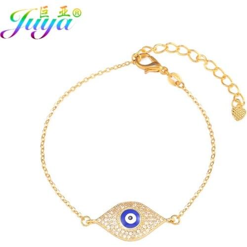Juya Gold/Rose Gold Lobster Chains Bracelet Supplies Micro Pave Zircon Enamel Greek Evil Eye Charm Bracelet For Women