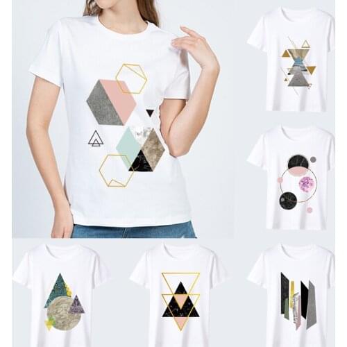 Women Printing T-shirts Fashion Harajuku Geometry Pattern Series Ladies Tops Summer White All-match Short-sleeved Female Clothes