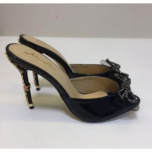 Macytino Nude Black Flower High Heel Dress Mules Open Toe Beading Bowtie Summer Slides Plus Size Shoes Women