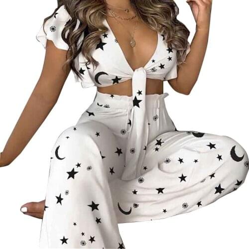 Fashion Summer 2021 Women Bow Tie Sets Casual Boho Sexy Off Shoulder Sleeveless Top+High Waist Wide Leg Pants Two Piece Suit
