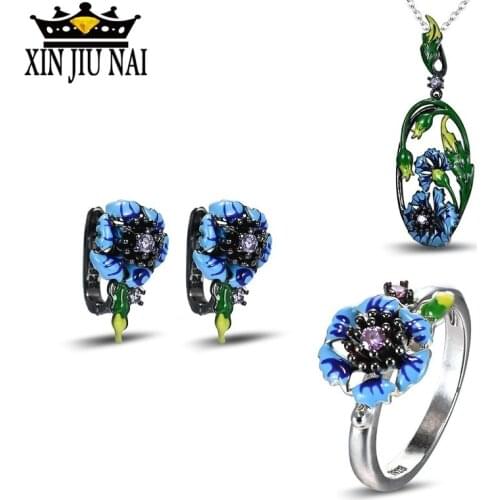 2020 Hot New Arrival Personality Luxury Retro Exquisite Blue Enamel Color Flower Womens Banquet Prom Jewelry Set