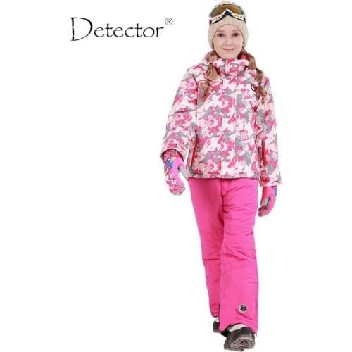 Detector Winter Outdoor Ski Jacket + Bib Pants Set Waterproof Snowboard Jacket Outerwear Girls Fleece Thermal Warm Snow Clothing