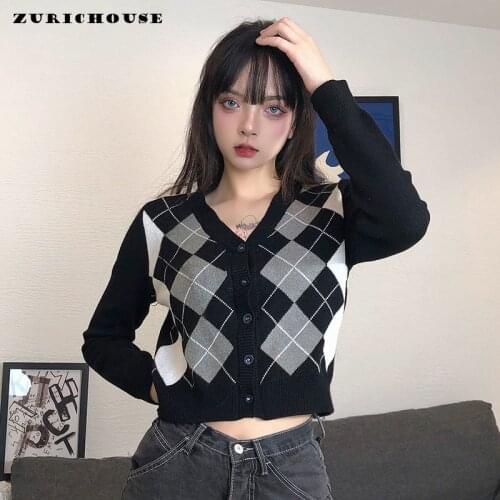 ZURICHOUSE Spring Knit Cardigan Jacket Women Casual Long Sleeve Fashion Single-breasted V-neck Geometry Rhombus Sweater Coat