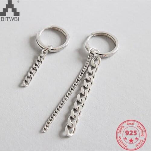 Authentic 925 Sterling Silver Jewelry Asymmetric Wide Flat Chain Earrings for Women