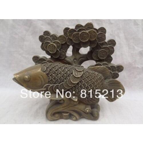 Bi00658 9" China Bronze YuanBao Coin RuYi Wealth FaCai Tree Fish Statue