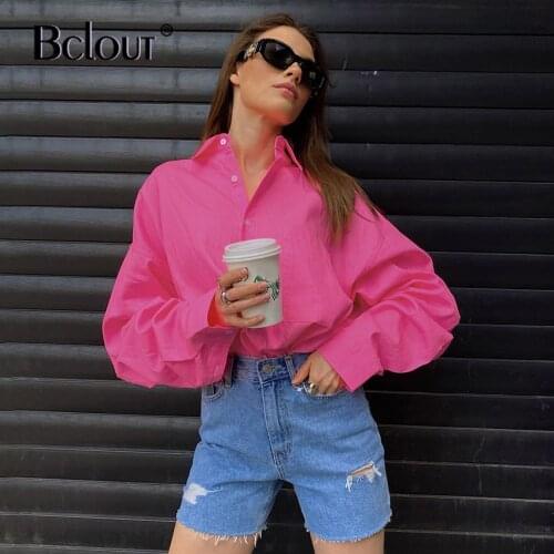 Bclout Streetwear Pink Oversize Blouse Woman Office Autumn Button Up Shirt Female Turn Down Collar Tunic Pocket Summer Top 2021