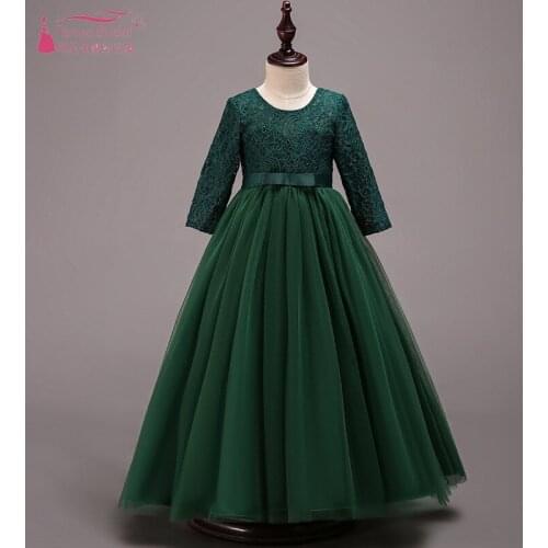 Full Length Sleeves Lace Tulle Flower Girl Dresses Pink White Green Navy Long A Line Wedding Party Dress For Kids Gown JQ77