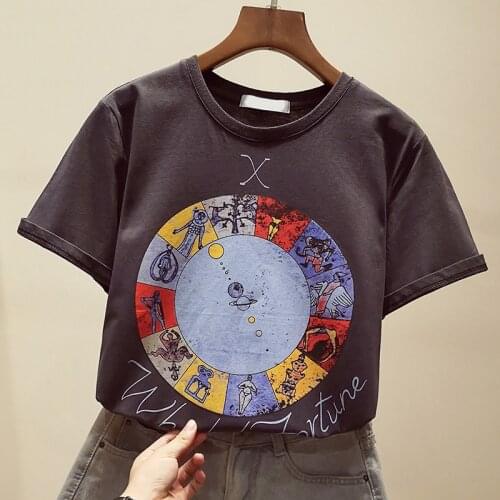 Zuolunouba Summer Women T Shirt Cartoon Planet Changing Season Print Harajuku Gray O Neck Cotton Tees Tops Female