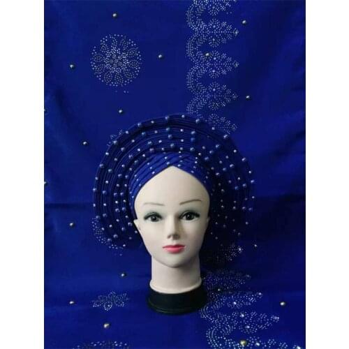 Blue African Gele Headtie Aso Oke Latest Gele Wrapper Set With Shawl Stoned Nigerian Gele Aso Oke Head tie for Party Newest