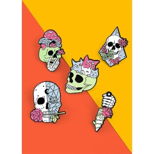 Happy Halloween Skeleton Enamel Pin Badge Rose Mushroom Brooches For Men Women Punk Gothic Lapel Pin Hat Jewelry Gifts Wholesale
