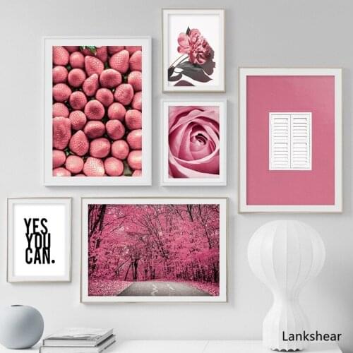 Strawberry Pink Rose Tree Window Quotes Nordic Posters And Prints Wall Art Canvas Painting Wall Pictures For Living Room Decor