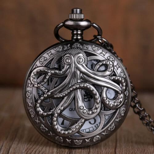 Octopus Pattern Mechanical Hand-Winding Pocket Watch Rose Gold Roman Numerals Dial Transparent Skeleton Manual Pendant Clock