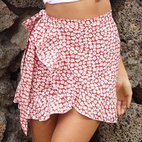 Sexy Mini Skirt Women 2021 Summer Fashion Print Asymmetrical Ruffled High Waist Female Beach Holiday Bohemian Short Skirt
