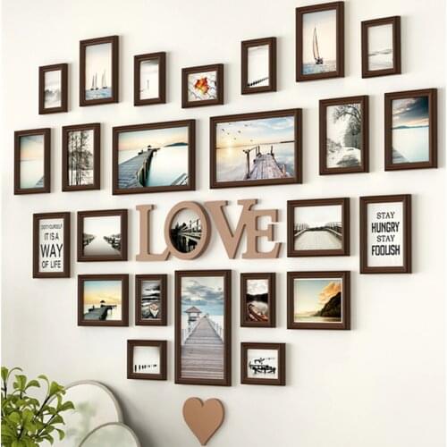 Sweet Heart Design Wooden Wall Hanging Photo Frames Set 24pcs Luxury Picture Frames Combination For Wedding Decor Photo Frame