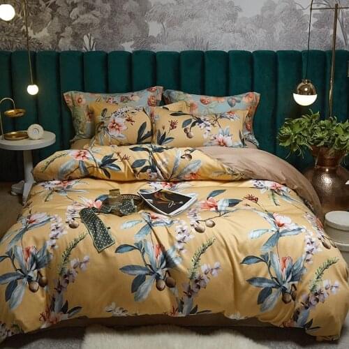 Leaves Duvet Cover Set Queen King 4Pcs Long Staple Cotton Floral Bedding Set Reversible 1 Comforter Cover 1Bed Sheet 2Pillowcase