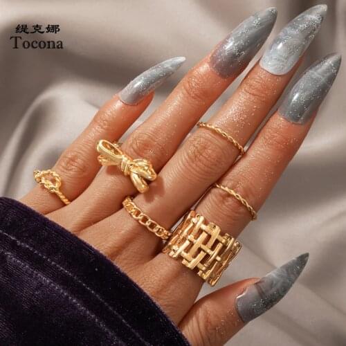 Tocona 6pcs/sets Bow-knot Joint Ring Sets for Women Charming Gold Color Hollow Geometric Alloy Metal Jewelry Anillo 17491