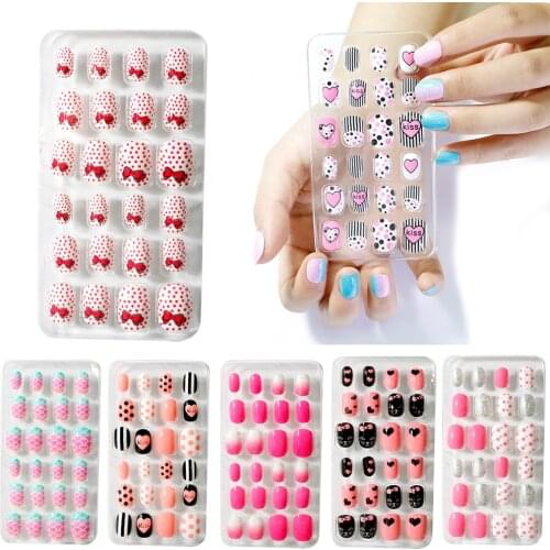24Pcs Candy Kids Full Cover False Nails Press On Self Adhesive Nail Manicure Tips Candy Color Fake Nails Nail Art For Children