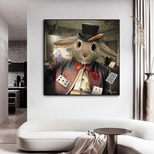 Nordic Magician Bunny Vintage Big Canvas Painting Art Posters and Funny Animals Prints Wall Picture for Living Room Cuadros