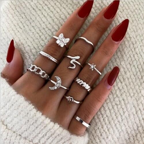 2021 New Bohe Chain Ring Creative Retro Studded Crescent Butterfly Love Ring 10Pcs For Women Jewelry Punk Accessories