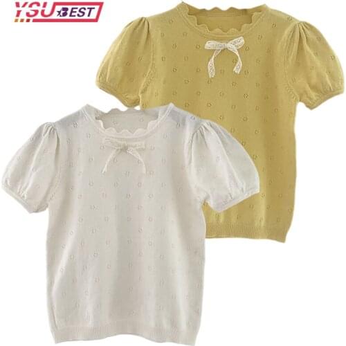 Autumn Fashion Baby Girl Knitted Tshirt Short Sleeve Bow Cotton Summer Infant Toddler Child Hollow Sweater Top Baby Clothes 1-7Y