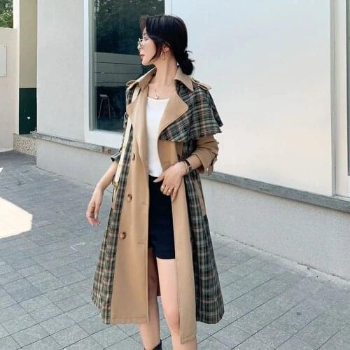 Blue Plaid Windbreaker Womens Long Autumn Korean Loose Female High Quality Trench Jacket S-3XL