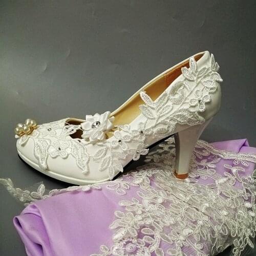 Ivory applique lace flower bridal ivory wedding pumps shoes ladies girls party ceremony proms dress luxury crystal lace pumps