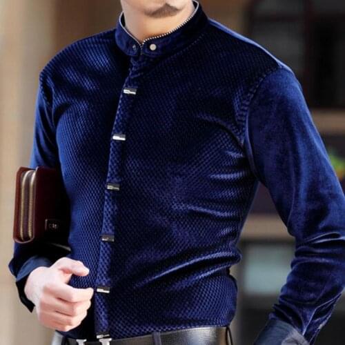 Spring Fall Fashion Smart Casual Business Velvet Mandanrin Collar Full Sleeve Shirt , Male Men 4XL Patchwork Velour Shirts