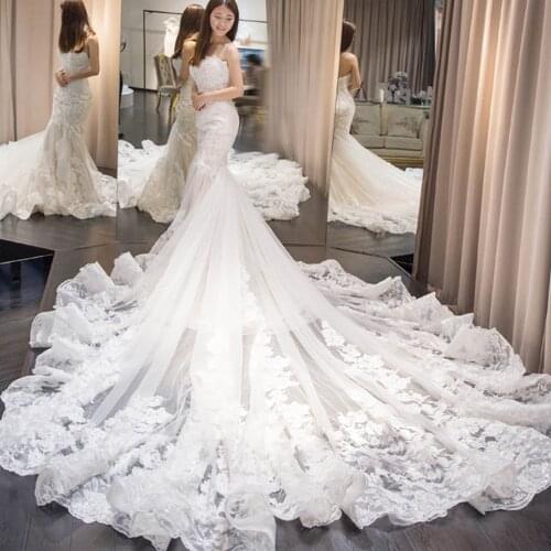 Vestido De Noiva Sereia Custom Made Strapless Lace Up Appliques Sequins Mermaid Wedding Dress With Chapel Train Gelinlik