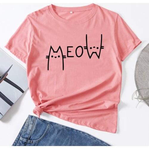 Meow Cat Lover Kitty Kitten Woman T-Shirt Short Sleeve T-Shirts Summer Tops for Women Cotton Graphic Tee Female Shirt Clothes