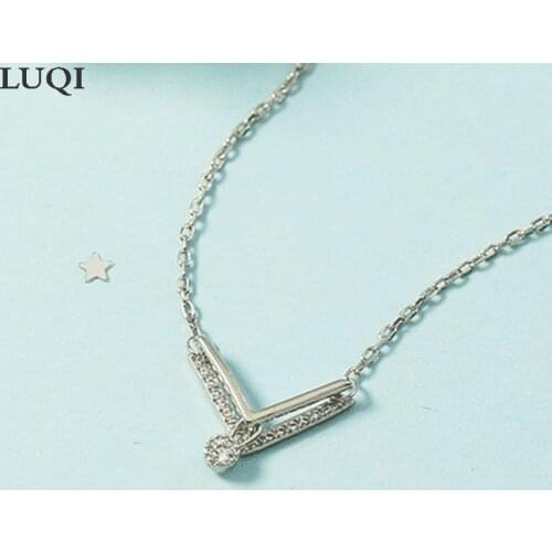 Fashion Womens S925 Silver Platinum Plated Double V-shaped Zircon Pendant Personality Temperament Necklaces 723