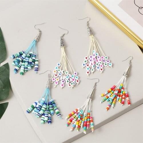 Boho Female Handmade Beaded Drop Earrings For Women Fashion Bohemian Cotton Thread Tassel Dangle Earring Beach Style Jewelry