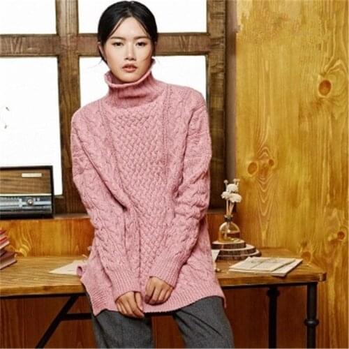 100% hand made pure cashmere twist knit women fashion turtleneck solid open hem pullover sweater black 5color customized