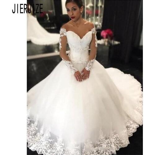 JIERUIZE Vestido de Novia African Off Shoulder Wedding Dresses Long Sleeves Lace Up Back Appliqued Wedding Gowns Bride Dresses