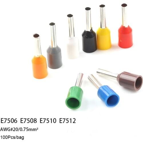 100pcs/pack E7506 E7508 E7510 E7512 Insulated Ferrules Terminal Block Cord End Wire Connector Electrical Crimp Terminator