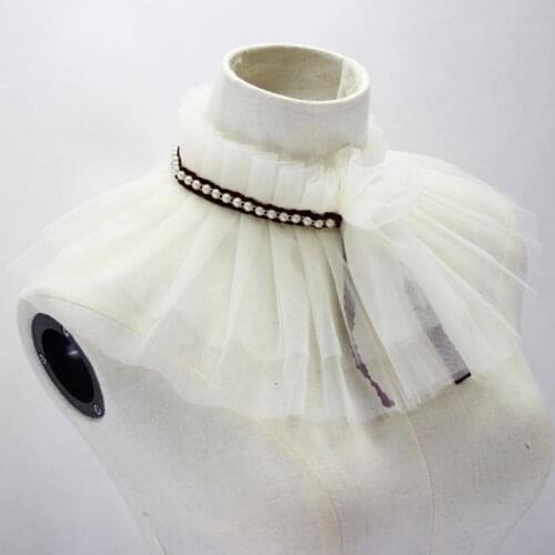 40GC Women Double Layer Mesh High Neck Wedding Shawl Bolero Ruffles Pleated Fake Collar Faux Pearl Decor Knotted Bridal Shrug