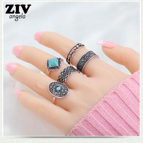 5Pcs Bohemian Vintage Rings Set for Women Ethnic Round RingFashion Jewelry