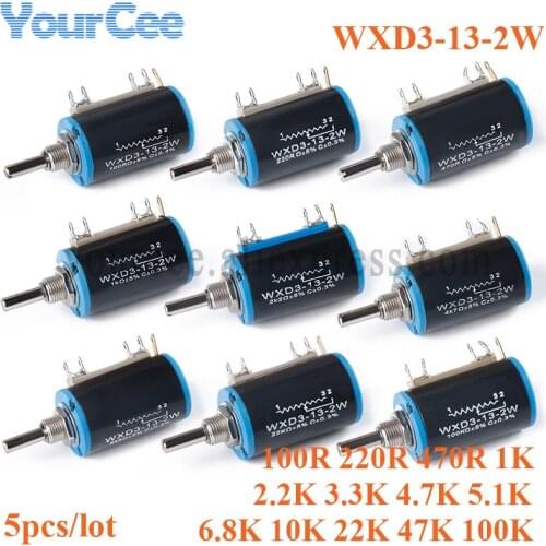 5pcs WXD3-13 2W Wirewound Potentiometer 100 220 470 1K 2.2K 4.7K 6.8K 10K 22K 100K Ohm WXD3-13-2W Linear Rotary Potentiometer