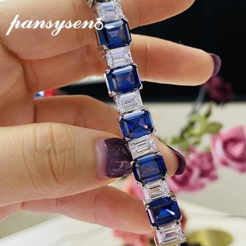 PANSYSEN 100% 925 Sterling Silver Emerald Cut Created Moissanite Sapphire Gemstone Charm Bracelets for Women Fine Jewelry Gifts