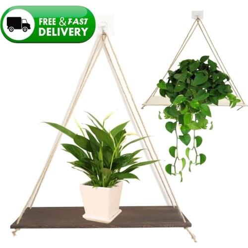 Wooden Rope Swing Wall Hanging Plant Flower Pot Tray Mounted Floating Wall Shelves Nordic Home Decoration Moredn Simple Design