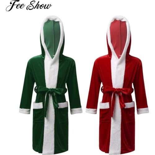 Pyjamas Kids Girls and Boys Xmas Winter Sleepwear Santa Claus Costume Long Sleeve Hoodie Nightgown Sleepwear for Christmas Party