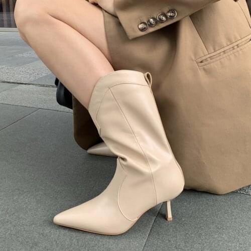 Dovereiss Fashion Womens Shoes Winter Concise Clear heels Sexy Beige Genuine leather Pointed toe Stilettos heels Half boots